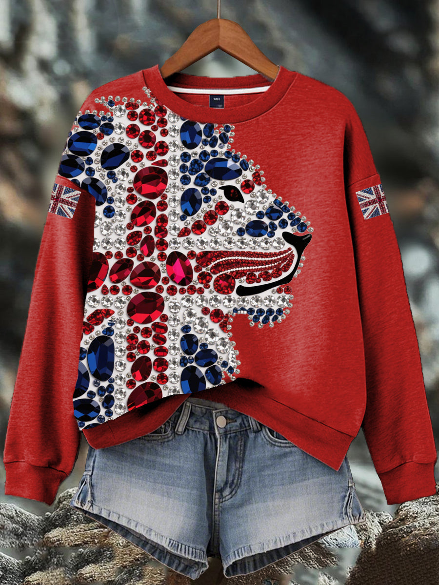 Damen-Sweatshirt mit britischem Imitationsdiamant-Print (heißgebohrt)