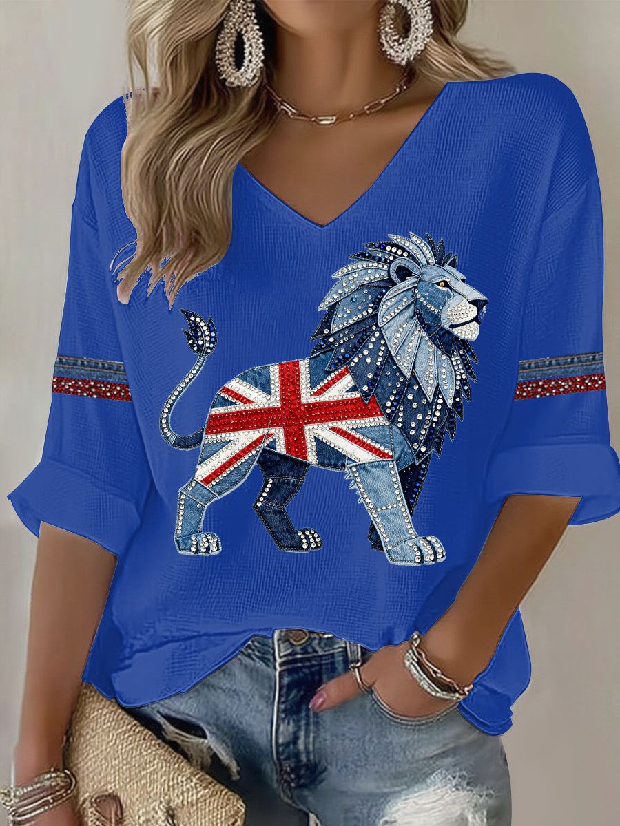 Damen-T-Shirt im britischen Stil mit Strassimitat und Heißverzierung