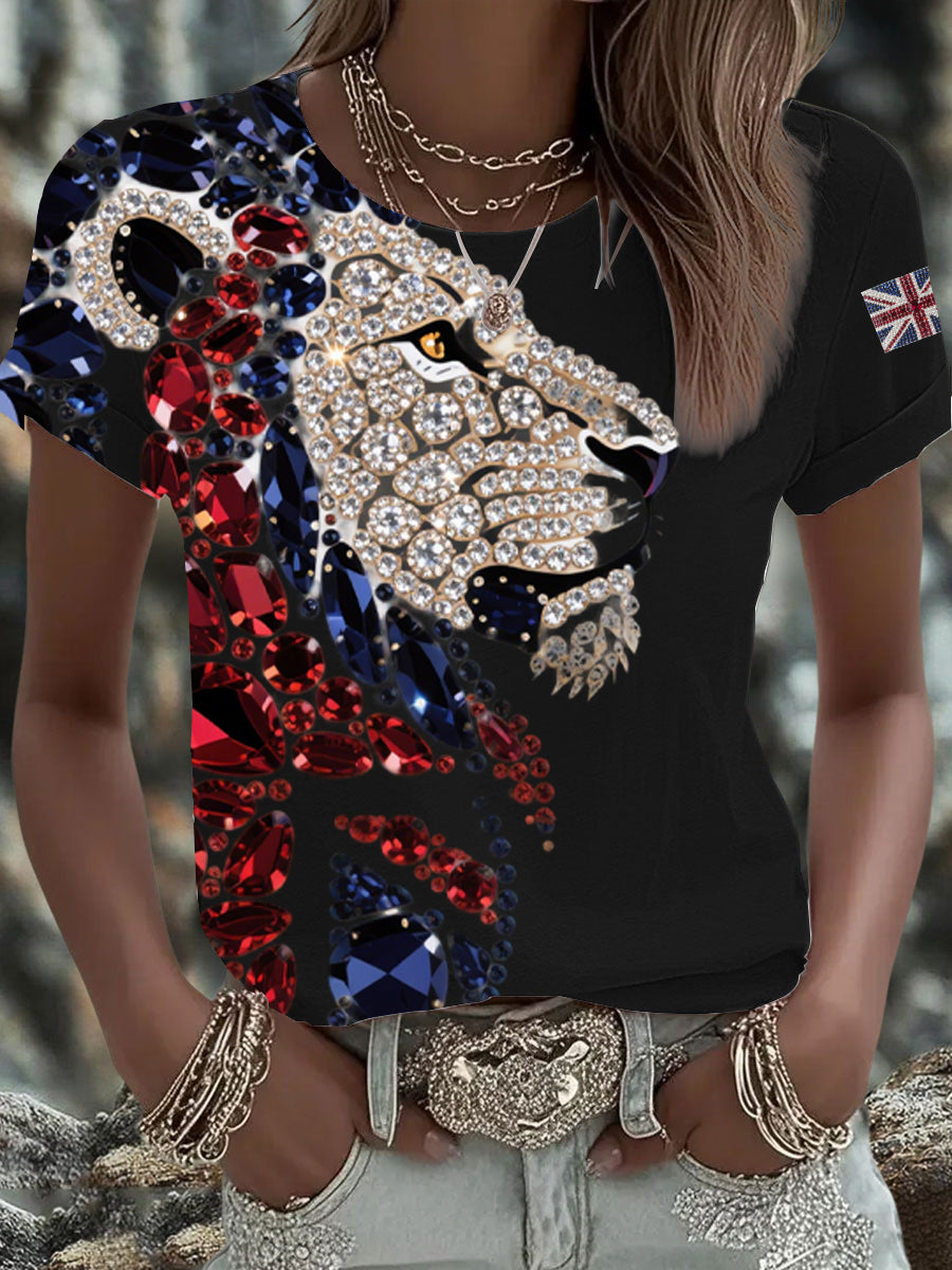 Britisches Damen-T-Shirt mit aufbügelbarem, diamantinimitiertem Aufdruck (heißgebohrt)