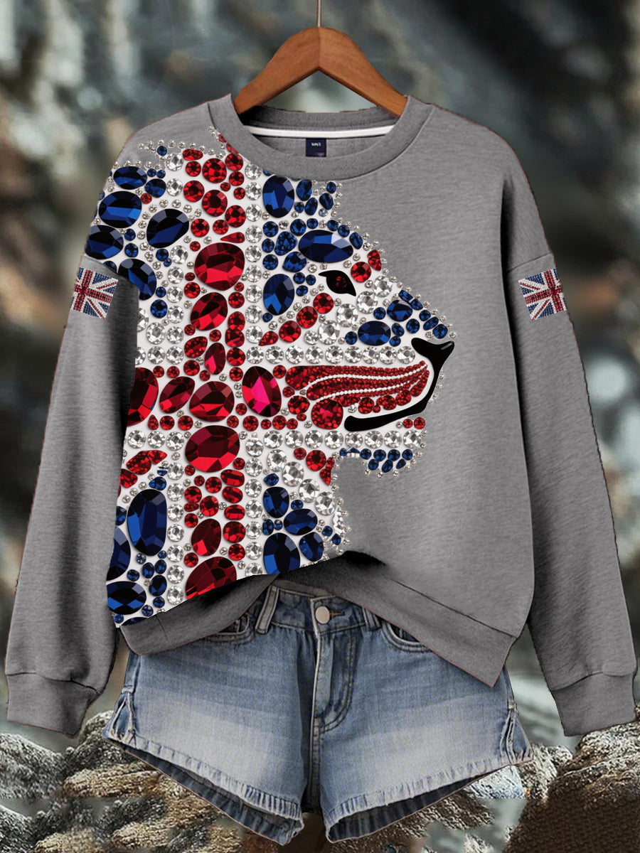 Damen-Sweatshirt mit britischem Imitationsdiamant-Print (heißgebohrt)