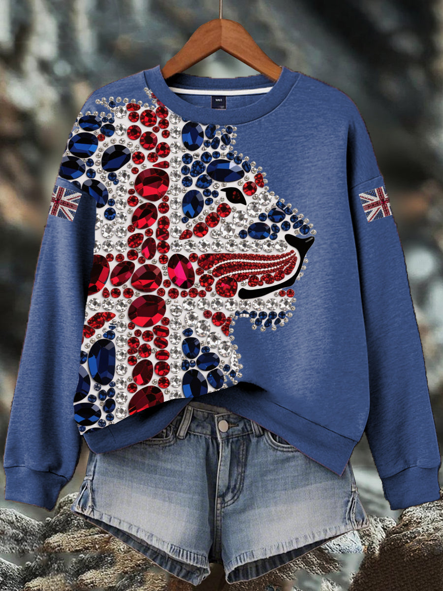 Damen-Sweatshirt mit britischem Imitationsdiamant-Print (heißgebohrt)