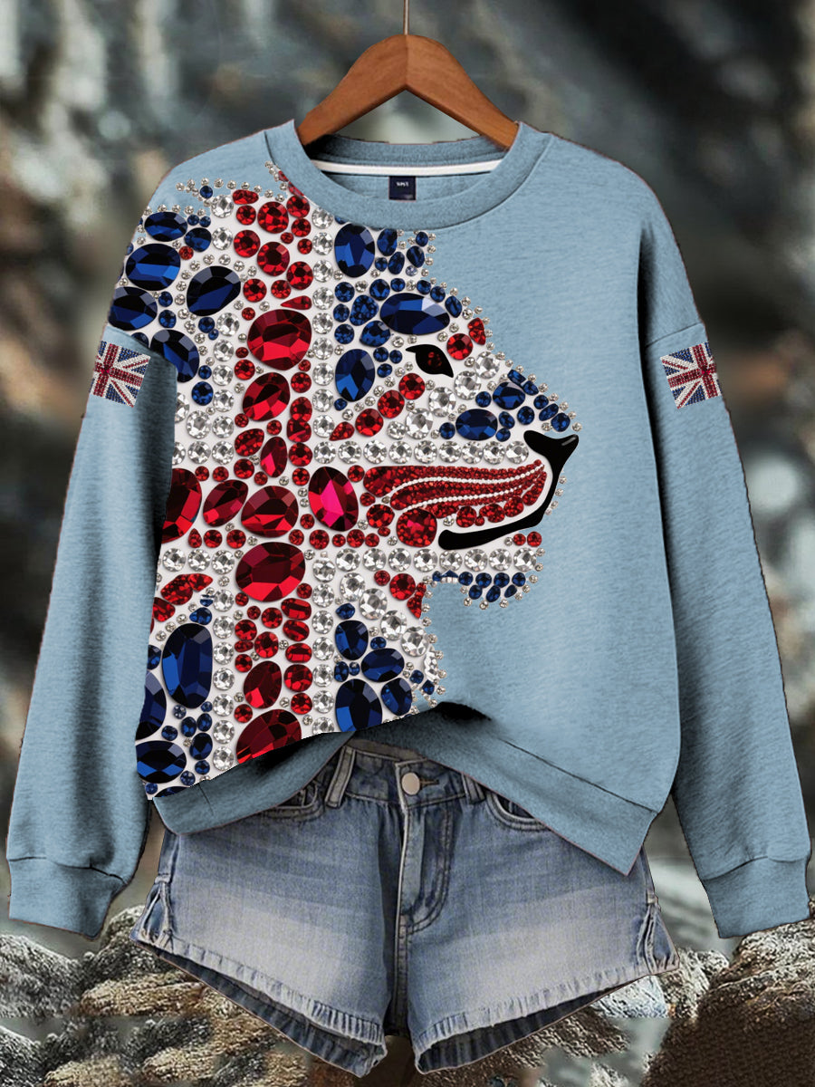Damen-Sweatshirt mit britischem Imitationsdiamant-Print (heißgebohrt)