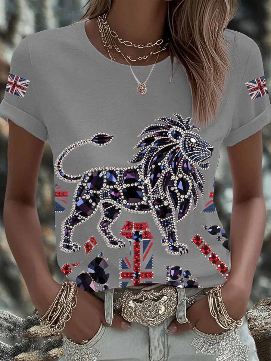 Britisches Damen-T-Shirt mit aufbügelbarem, diamantinimitiertem Aufdruck (heißgebohrt)