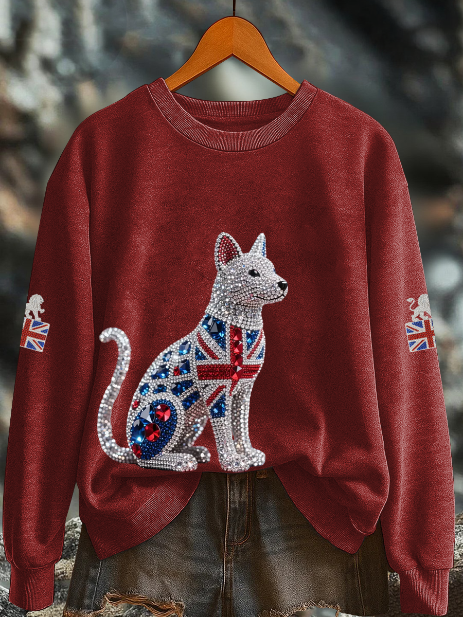 Britisches Damen-Sweatshirt mit Imitationsdiamantenmuster und Print (Regular-Passform)