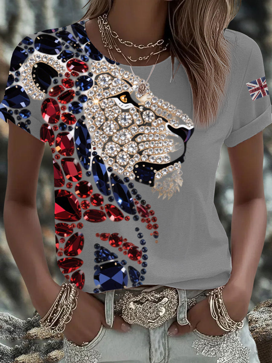 Britisches Damen-T-Shirt mit aufbügelbarem, diamantinimitiertem Aufdruck (heißgebohrt)