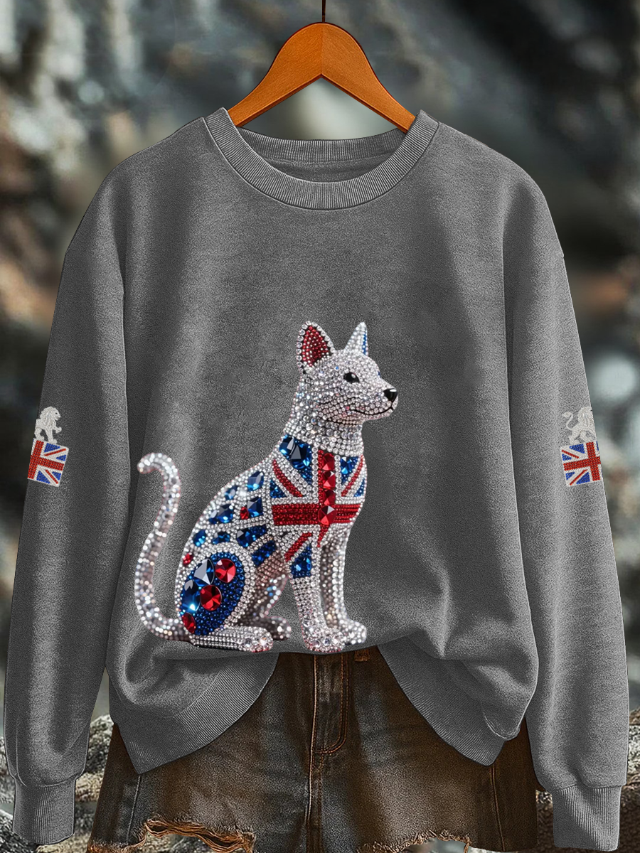 Britisches Damen-Sweatshirt mit Imitationsdiamantenmuster und Print (Regular-Passform)