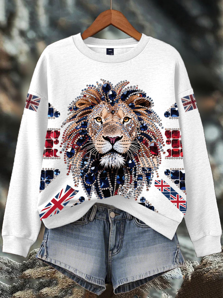 Damen-Sweatshirt mit britischem Imitationsdiamant-Print (heißgebohrt)