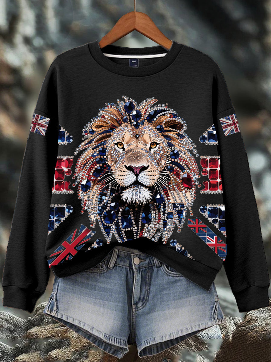 Damen-Sweatshirt mit britischem Imitationsdiamant-Print (heißgebohrt)