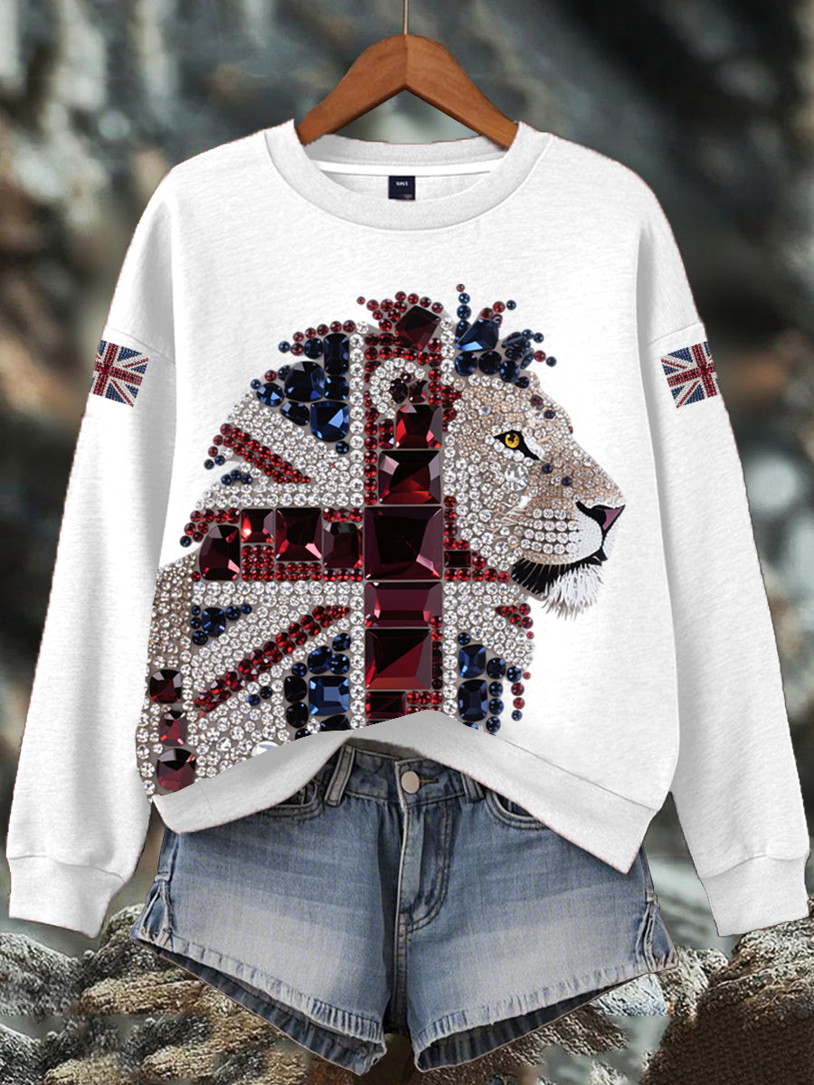 Damen-Sweatshirt mit britischem Imitationsdiamant-Print (heißgebohrt)