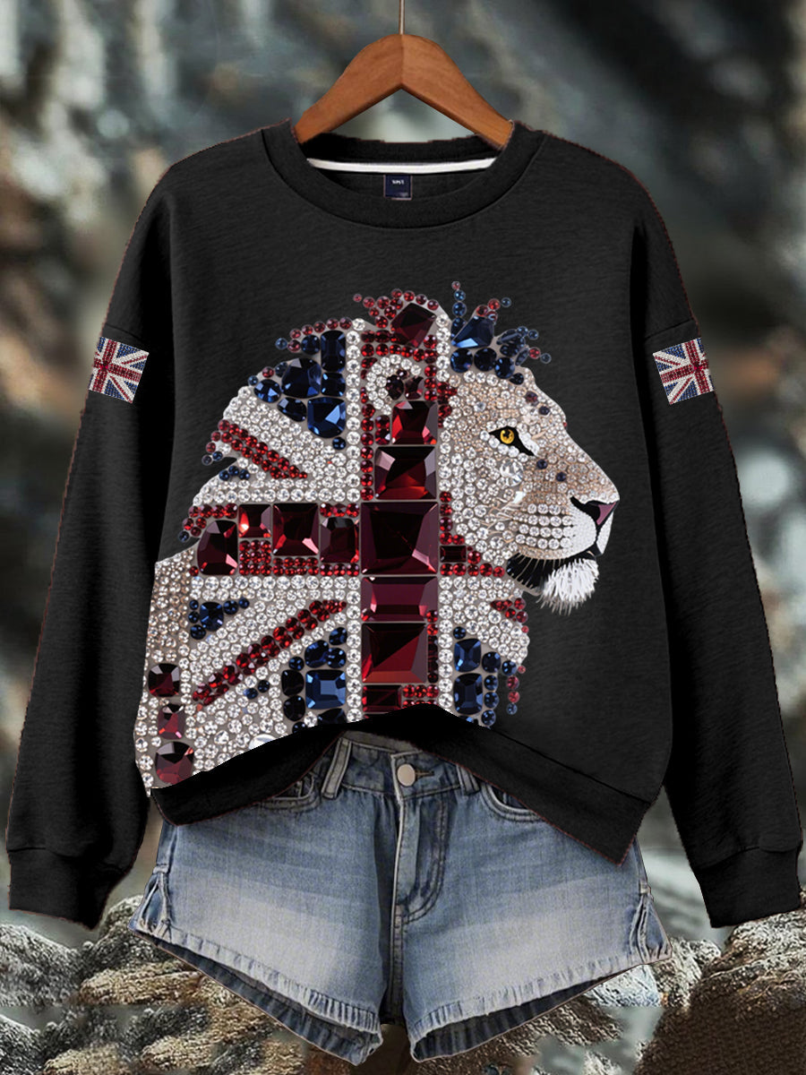 Damen-Sweatshirt mit britischem Imitationsdiamant-Print (heißgebohrt)