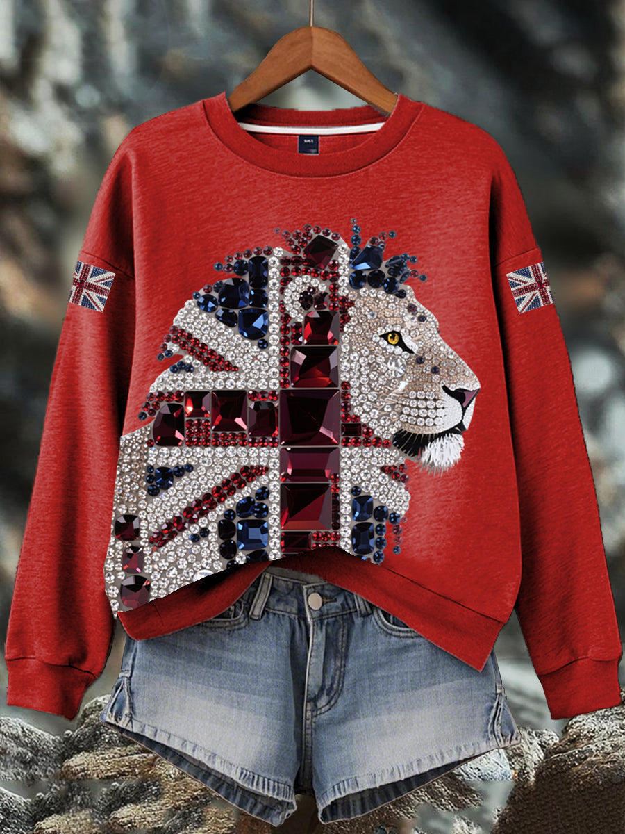 Damen-Sweatshirt mit britischem Imitationsdiamant-Print (heißgebohrt)
