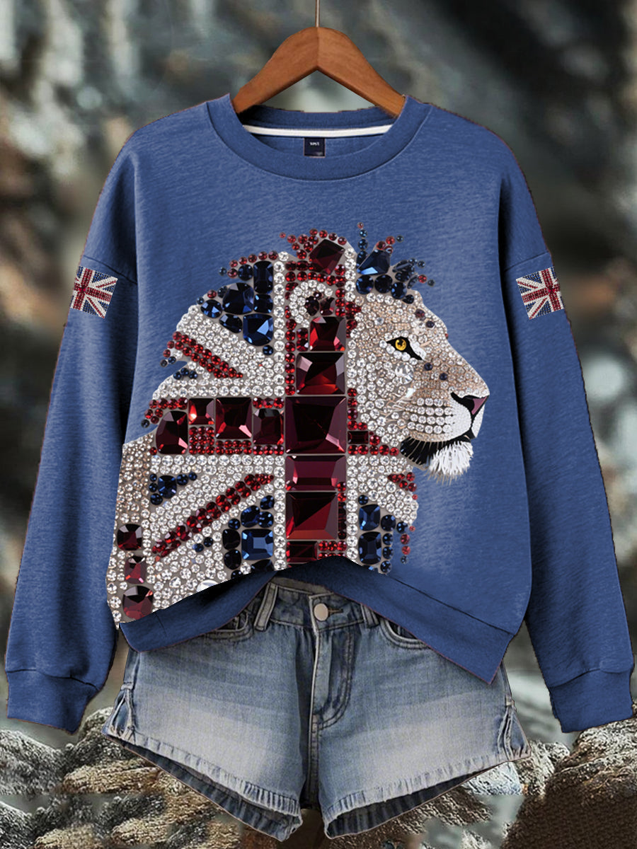 Damen-Sweatshirt mit britischem Imitationsdiamant-Print (heißgebohrt)