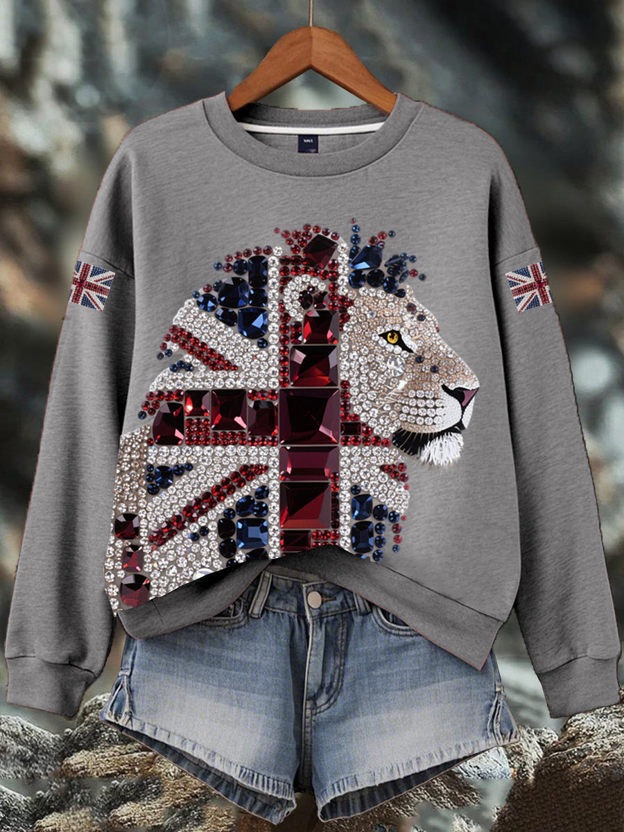 Damen-Sweatshirt mit britischem Imitationsdiamant-Print (heißgebohrt)