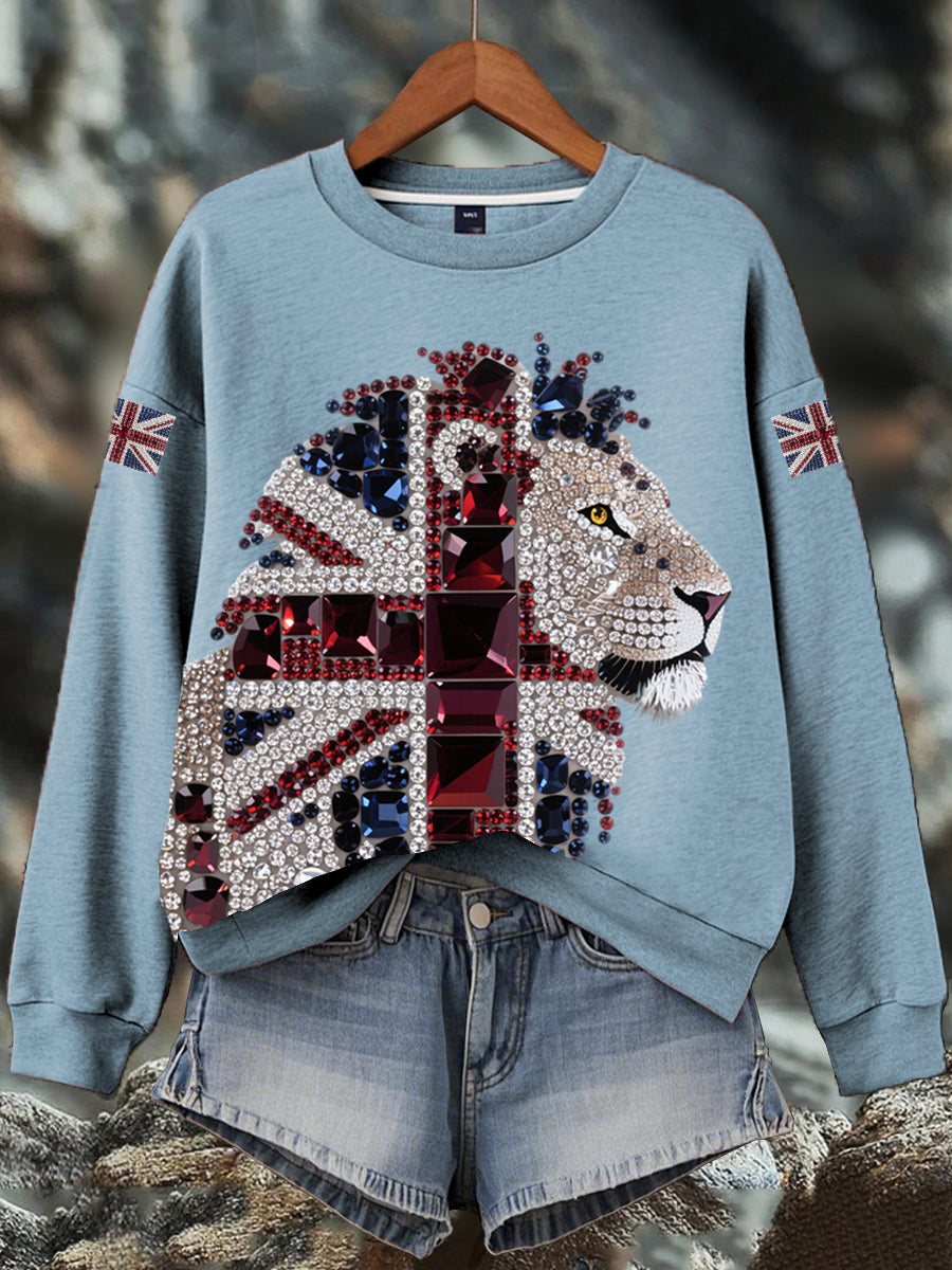 Damen-Sweatshirt mit britischem Imitationsdiamant-Print (heißgebohrt)