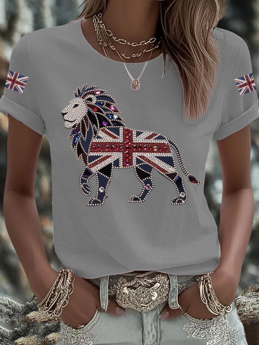 Britisches Damen-T-Shirt mit aufbügelbarem, diamantinimitiertem Aufdruck (heißgebohrt)