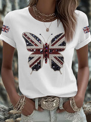 Britisches Damen-T-Shirt mit aufbügelbarem, diamantinimitiertem Aufdruck (heißgebohrt)
