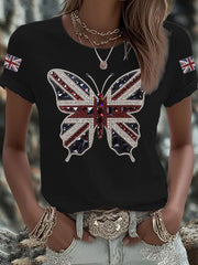 Britisches Damen-T-Shirt mit aufbügelbarem, diamantinimitiertem Aufdruck (heißgebohrt)