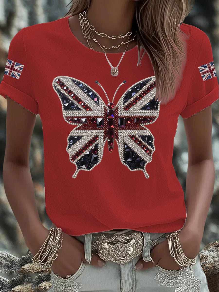 Britisches Damen-T-Shirt mit aufbügelbarem, diamantinimitiertem Aufdruck (heißgebohrt)