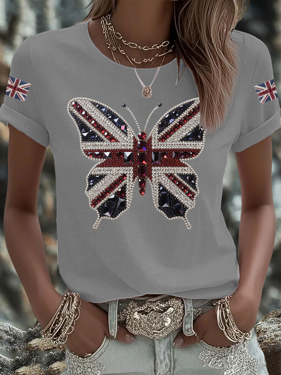 Britisches Damen-T-Shirt mit aufbügelbarem, diamantinimitiertem Aufdruck (heißgebohrt)