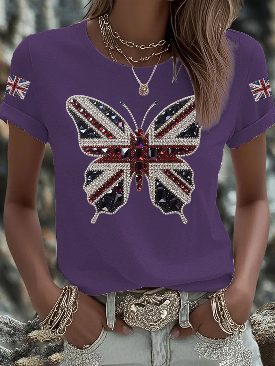 Britisches Damen-T-Shirt mit aufbügelbarem, diamantinimitiertem Aufdruck (heißgebohrt)
