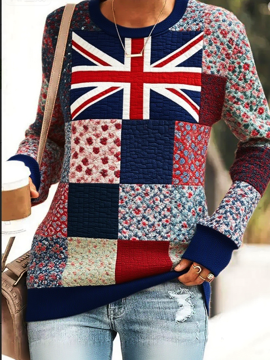 Damen-Sweatshirt mit britischem Flaggen-Patchwork-Print, tailliert