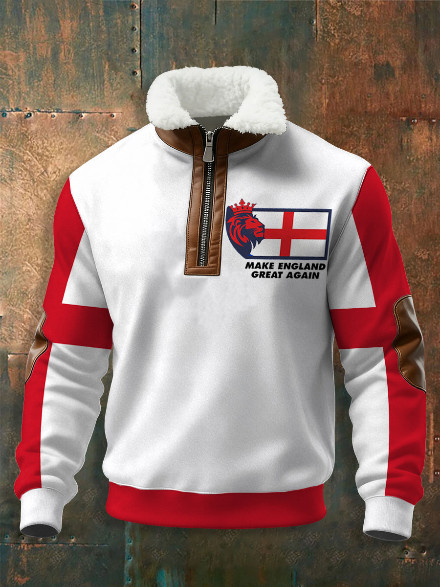 Herren-Kapuzenjacke mit Reißverschluss und Aufdruck „Make England Great“ (St. Georgskreuz, Löwenkopf, Patriot)
