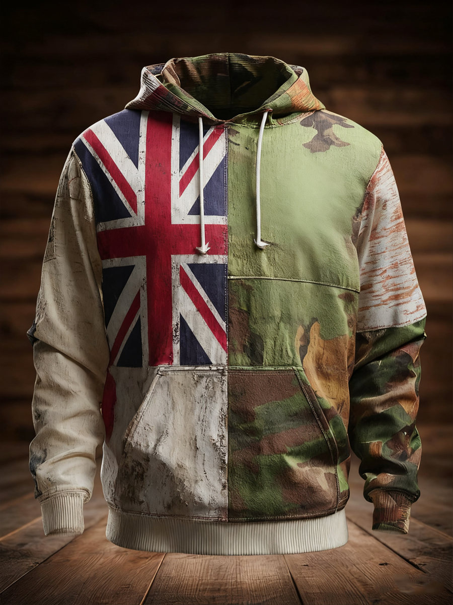 Men's  British flag and camouflage pattern Printed Oversized Drop-Shoulder Hoodie with Pockets