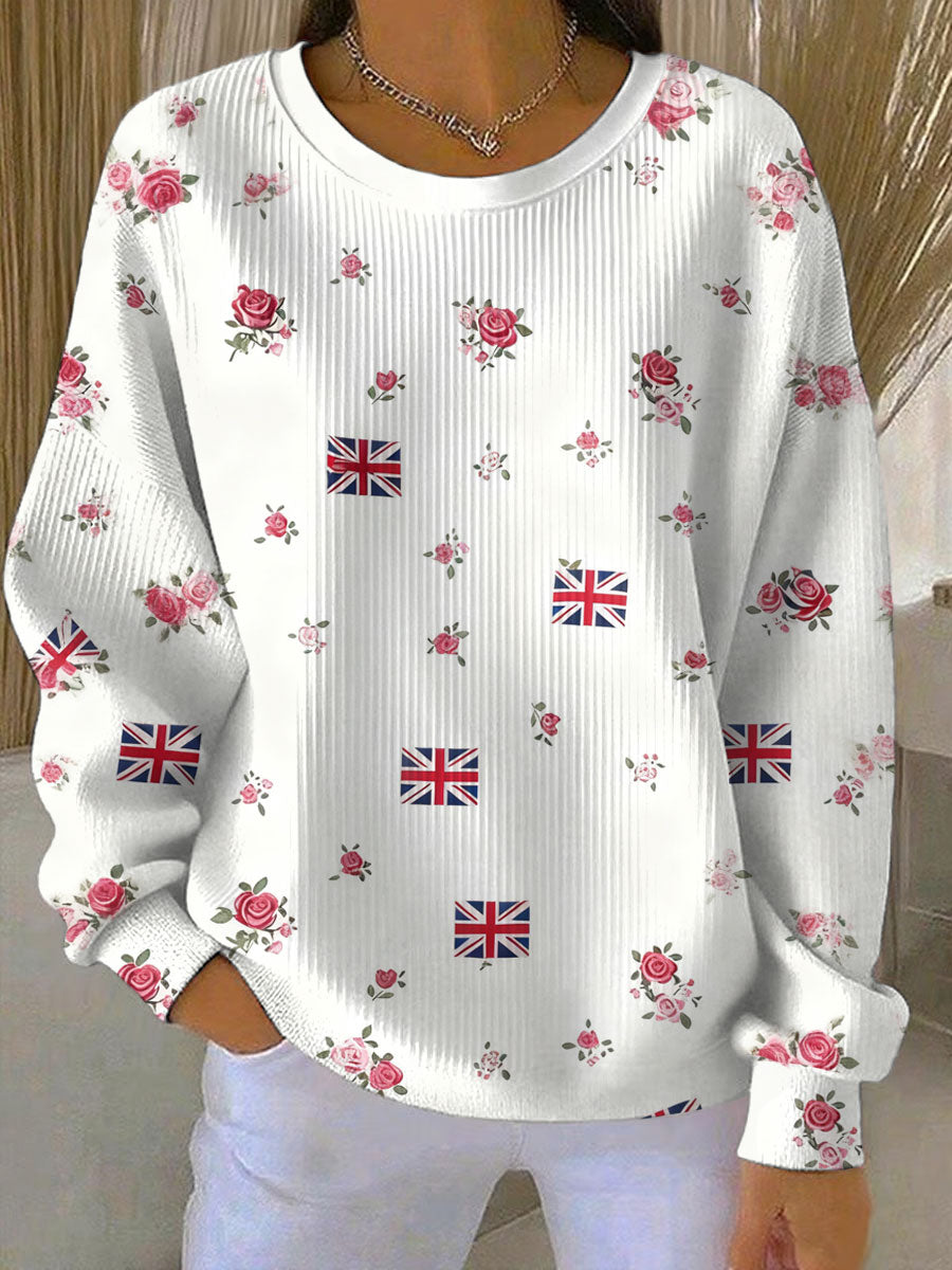 Damen-Sweatshirt mit britischem Rosenprint, geripptem Rundhalsausschnitt
