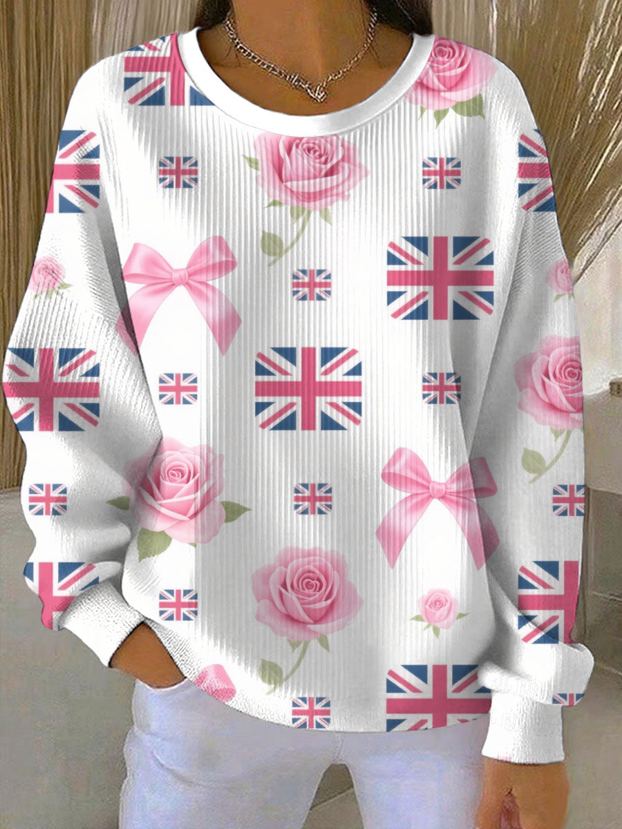 Damen-Sweatshirt mit britischem Rosenprint, geripptem Rundhalsausschnitt