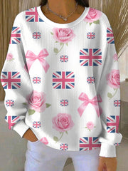 Damen-Sweatshirt mit britischem Rosenprint, geripptem Rundhalsausschnitt
