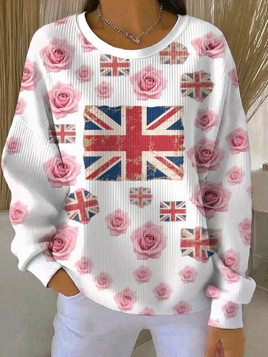 Damen-Sweatshirt mit britischem Rosenprint, geripptem Rundhalsausschnitt