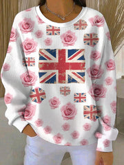 Damen-Sweatshirt mit britischem Rosenprint, geripptem Rundhalsausschnitt