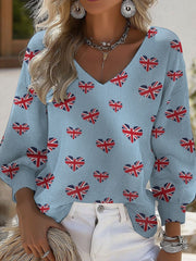 Lässiges Langarmshirt mit V-Ausschnitt und britischem Flaggen-Herzprint für Damen