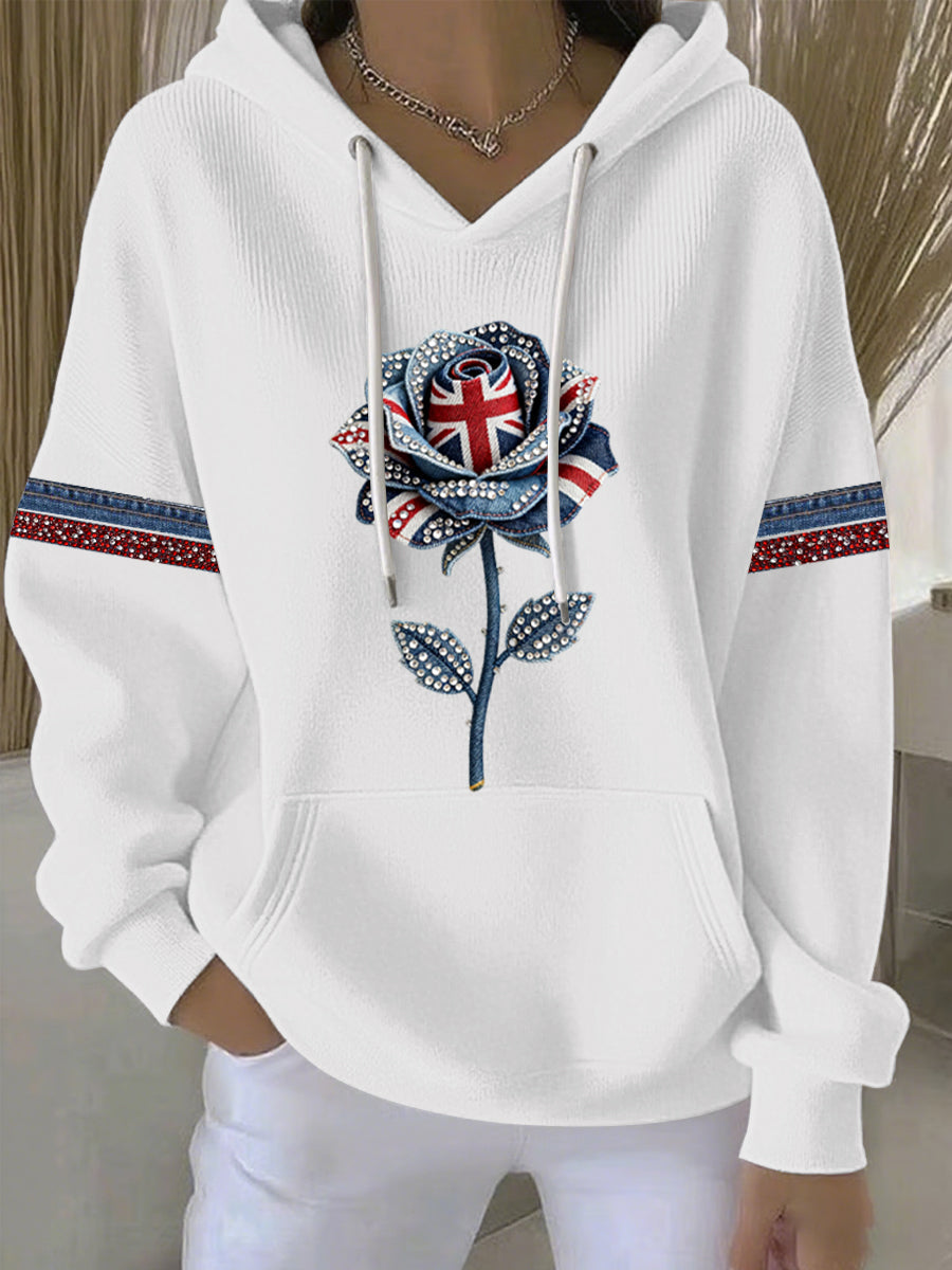 Damen-Hoodie im britischen Stil aus Denim-Imitat mit Strass- und Heißnagel-Print