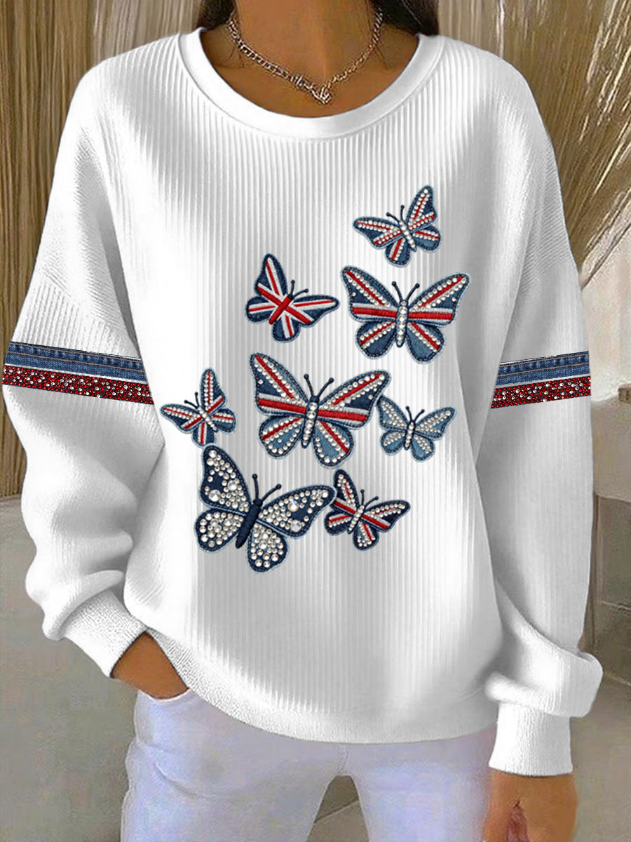 Lässiges Sweatshirt im britischen Stil für Damen, Denim-Imitation, Strass- und Heißnagel-Print