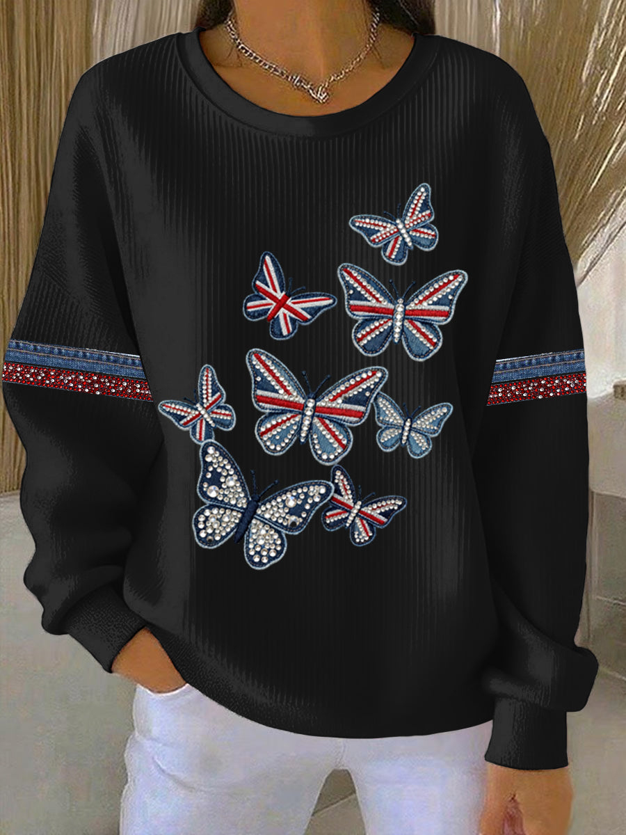 Lässiges Sweatshirt im britischen Stil für Damen, Denim-Imitation, Strass- und Heißnagel-Print