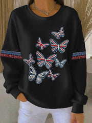 Lässiges Sweatshirt im britischen Stil für Damen, Denim-Imitation, Strass- und Heißnagel-Print