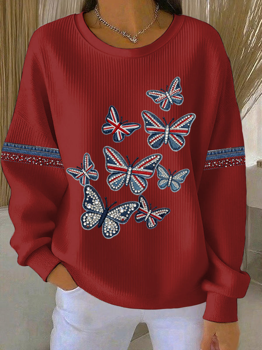 Lässiges Sweatshirt im britischen Stil für Damen, Denim-Imitation, Strass- und Heißnagel-Print
