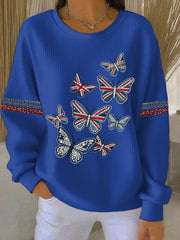 Lässiges Sweatshirt im britischen Stil für Damen, Denim-Imitation, Strass- und Heißnagel-Print