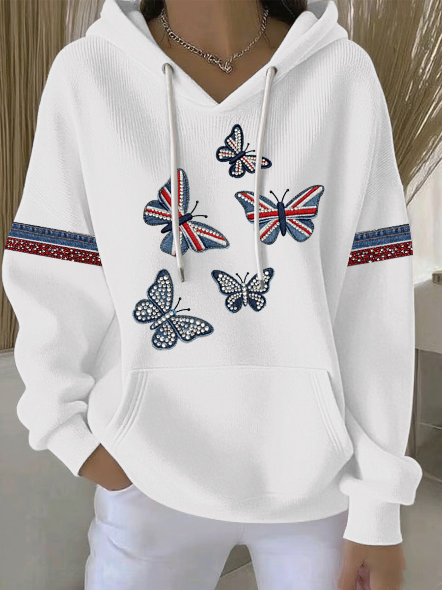 Damen-Hoodie im britischen Stil aus Denim-Imitat mit Strass- und Heißnagel-Print