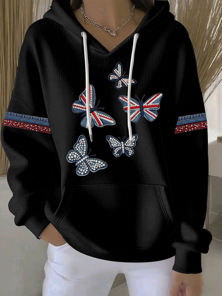 Damen-Hoodie im britischen Stil aus Denim-Imitat mit Strass- und Heißnagel-Print