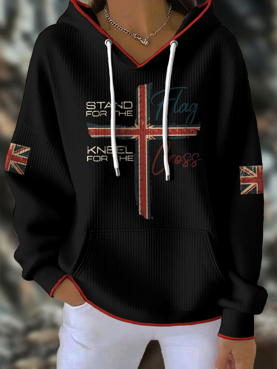 Damen-Hoodie mit Aufdruck „Stand For The Flag / Kneel For The Cross“ (UK-Flagge, Glaube)