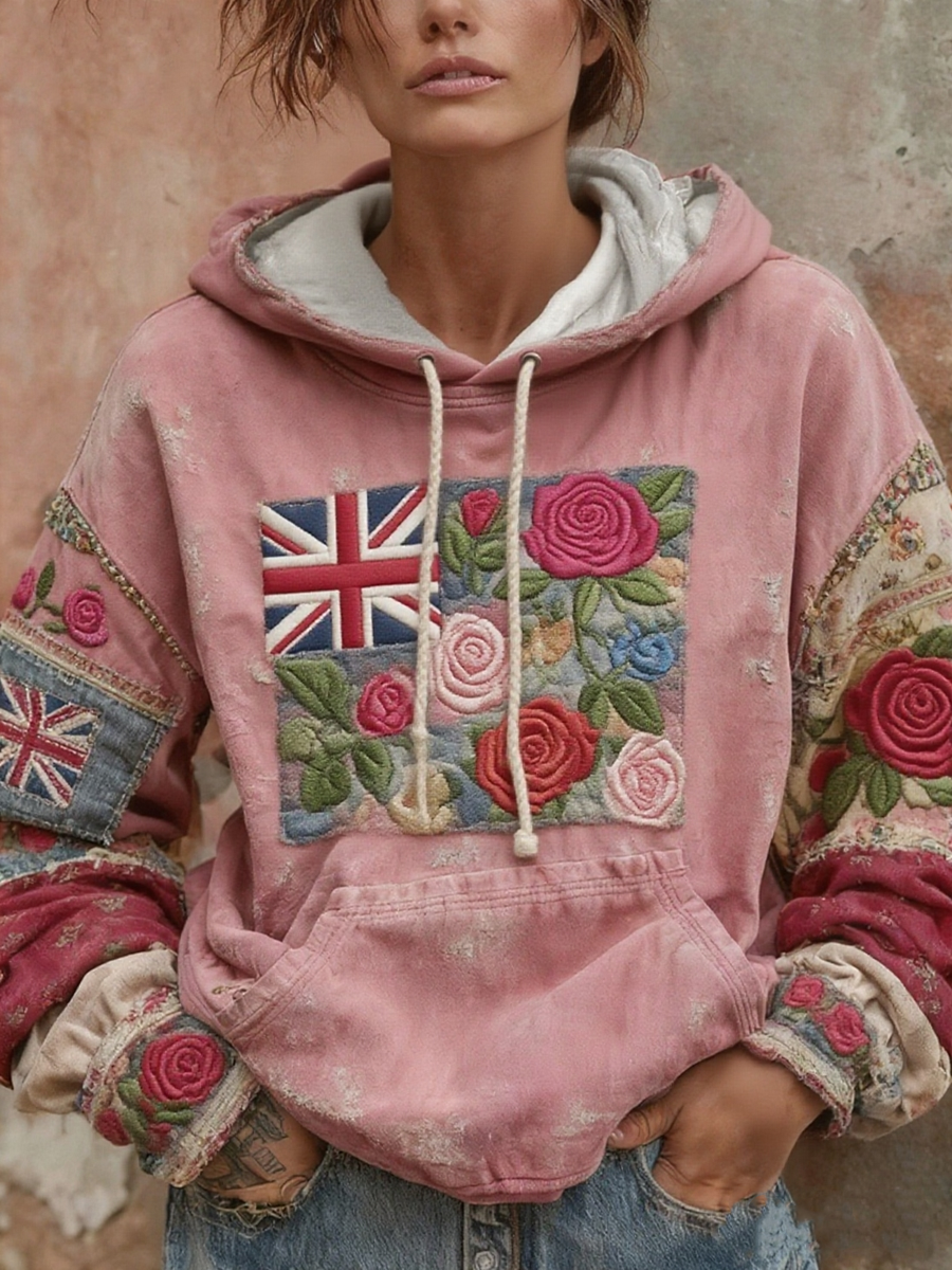 Damen-Hoodie mit Union-Jack- und Rosenmuster
