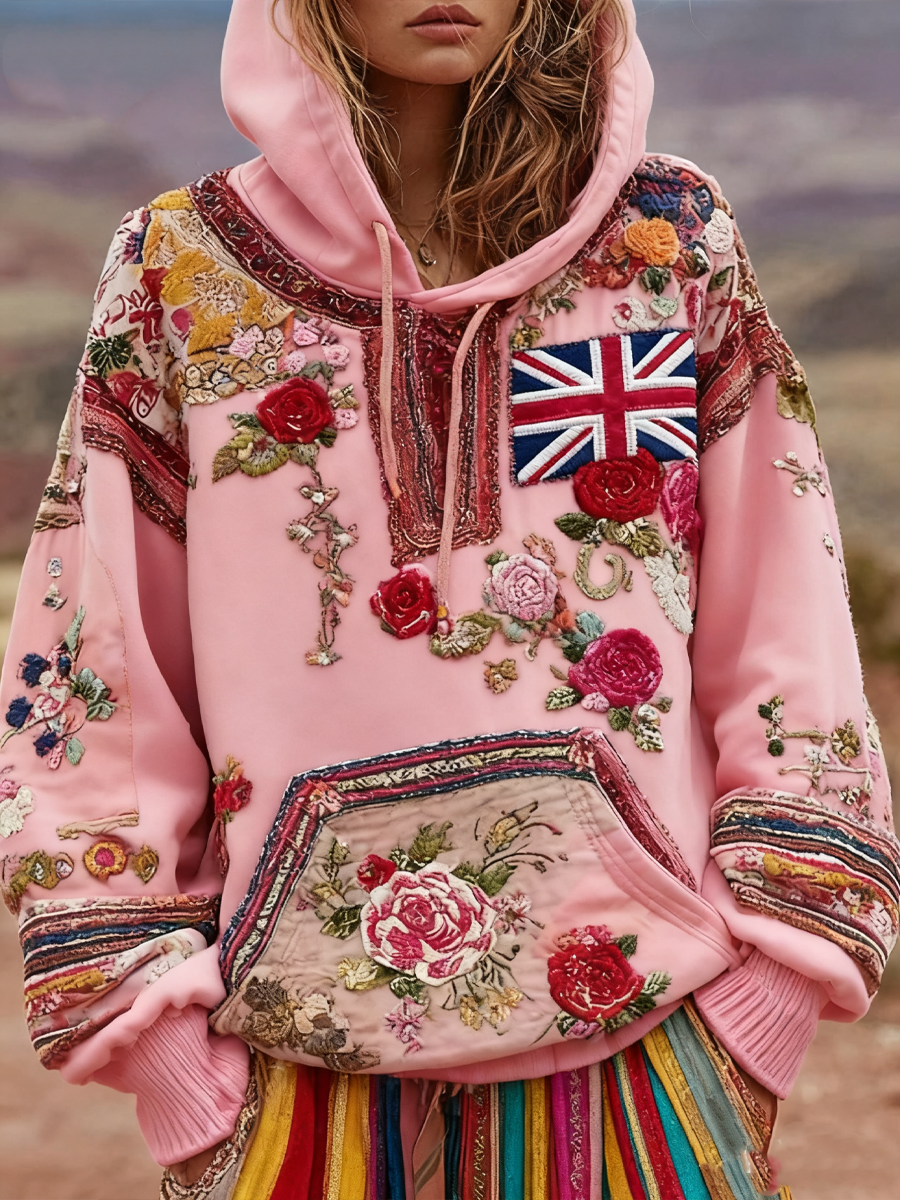 Damen-Hoodie mit britischer Flagge und Blumen