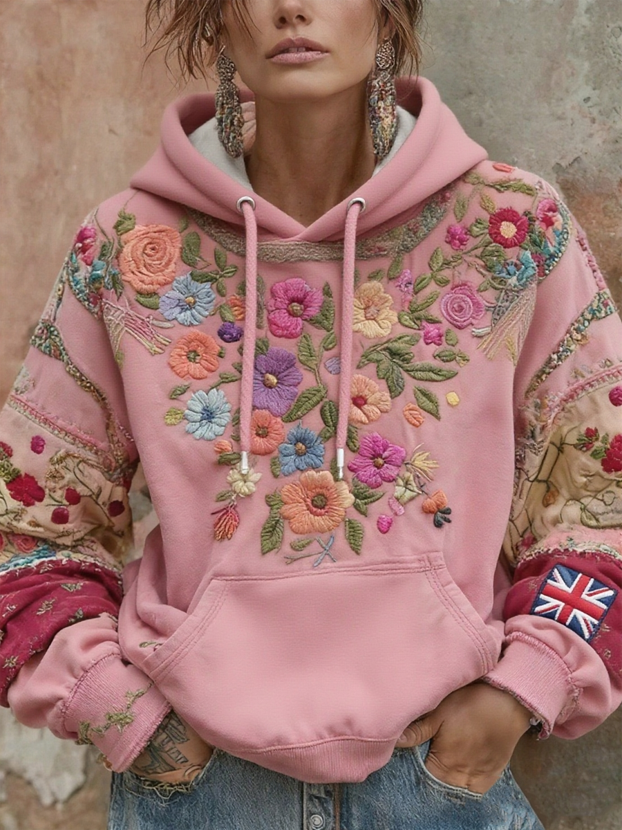 Damen-Hoodie mit britischer Flagge und Blumen