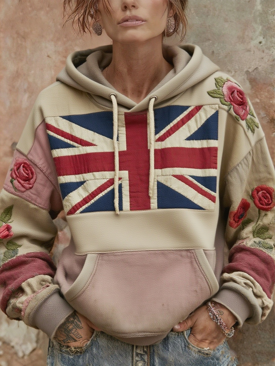 Damen-Hoodie mit britischem Blumen-Patchworkmuster