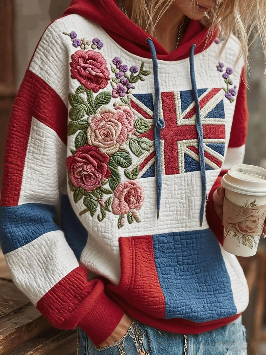 Damen-Hoodie mit britischer Flagge und Blumen