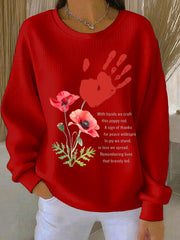 Damen-Sweatshirt mit Mohnblumenmuster zum Gedenktag, gerippt, Rundhalsausschnitt