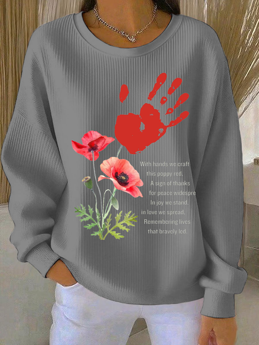 Damen-Sweatshirt mit Mohnblumenmuster zum Gedenktag, gerippt, Rundhalsausschnitt