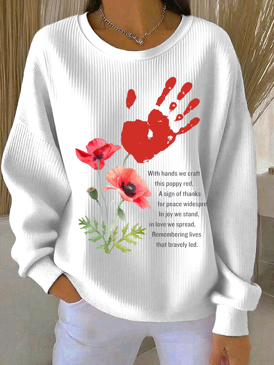 Damen-Sweatshirt mit Mohnblumenmuster zum Gedenktag, gerippt, Rundhalsausschnitt